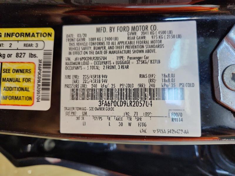 Продажа на аукционе авто 2020 Ford Fusion, vin: 3FA6P0CD9LR205704, номер лота: 63619296