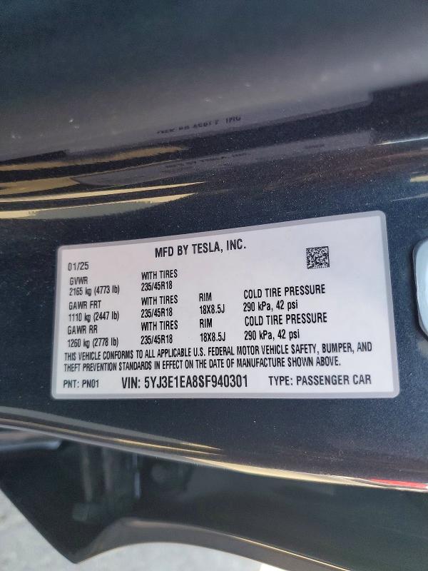 2025 Tesla Model 3 მანქანა იყიდება აუქციონზე, vin: 5YJ3E1EA8SF940301, აუქციონის ნომერი: 66615456