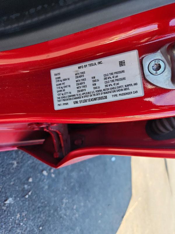 65315626 :رقم المزاد ، 5YJ3E1EA5NF286538 vin ، 2022 Tesla Model 3 مزاد بيع