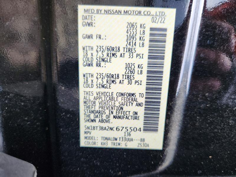 63748976 :رقم المزاد ، 5N1BT3BA2NC675504 vin ، 2022 Nissan Rogue مزاد بيع