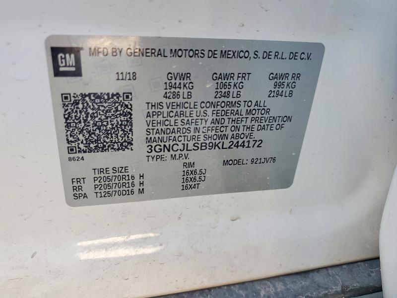 2019 Chevrolet Trax მანქანა იყიდება აუქციონზე, vin: 3GNCJLSB9KL244172, აუქციონის ნომერი: 66100206