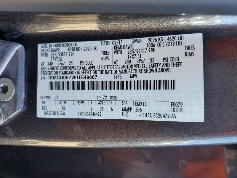 2015 Ford Escape მანქანა იყიდება აუქციონზე, vin: 1FMCU0F72FUB49867, აუქციონის ნომერი: 65228866