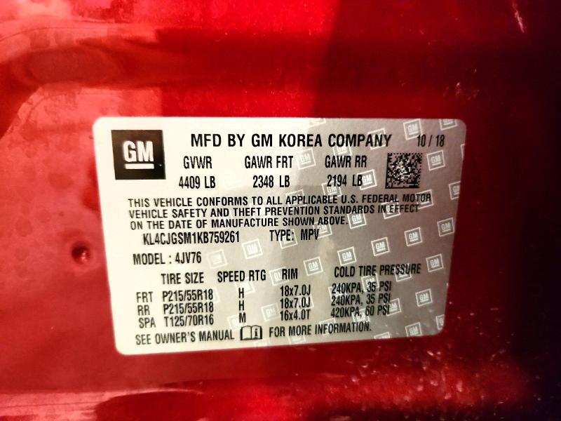64306716 :رقم المزاد ، KL4CJGSM1KB759261 vin ، 2019 Buick Encore مزاد بيع