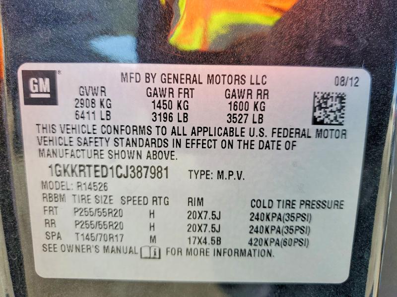 64994476 :رقم المزاد ، 1GKKRTED1CJ387981 vin ، 2012 Gmc Acadia مزاد بيع