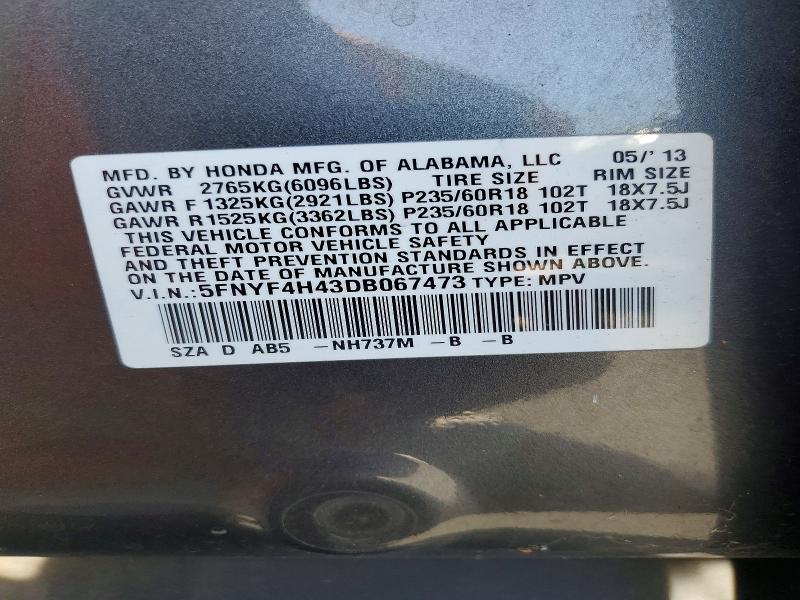 Продажа на аукционе авто 2013 Honda Pilot, vin: 5FNYF4H43DB067473, номер лота: 63740746