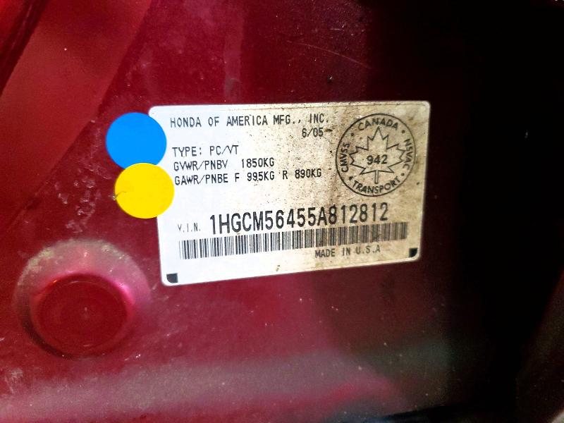 65331516 :رقم المزاد ، 1HGCM56455A812812 vin ، 2005 Honda Accord مزاد بيع
