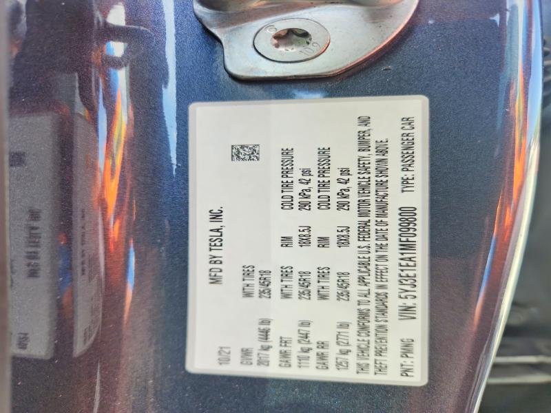 65513396 :رقم المزاد ، 5YJ3E1EA1MF099800 vin ، 2021 Tesla Model 3 مزاد بيع
