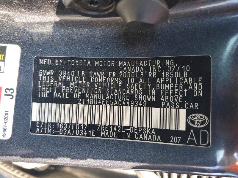 61452156 :رقم المزاد ، 2T1BU4EE5AC449349 vin ، 2010 Toyota Corolla مزاد بيع