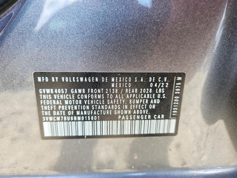 2022 Volkswagen Jetta მანქანა იყიდება აუქციონზე, vin: 3VWCM7BU6NM015601, აუქციონის ნომერი: 64311296
