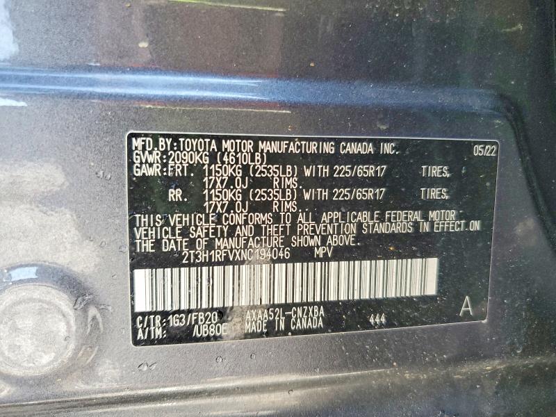 64515036 :رقم المزاد ، 2T3H1RFVXNC194046 vin ، 2022 Toyota Rav4 مزاد بيع