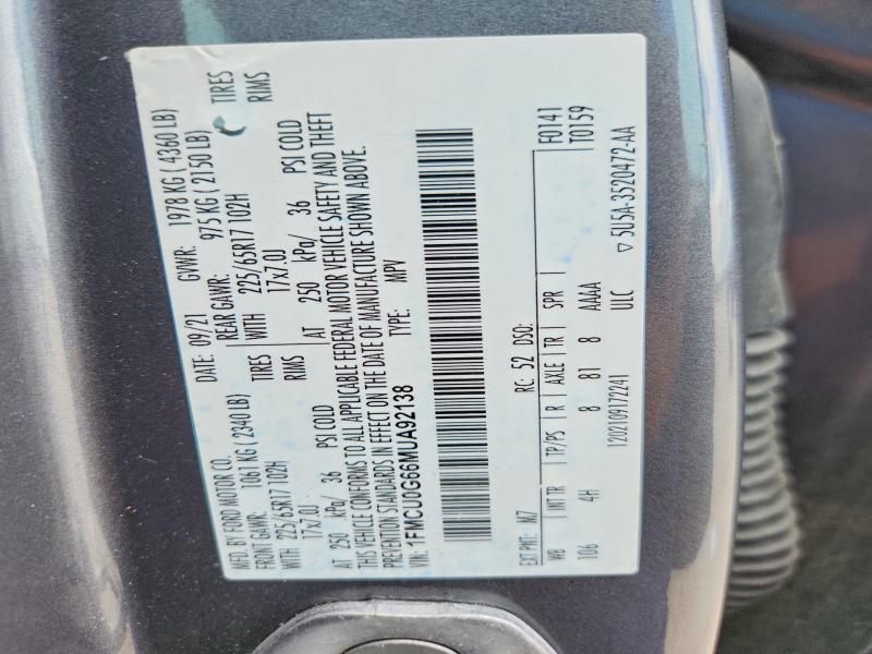 Продаж на аукціоні авто 2021 Ford Escape, vin: 1FMCU0G66MUA92138, номер лоту: 64769946