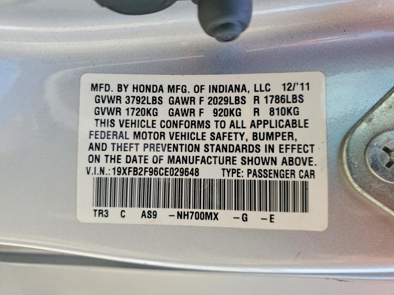 Aukcja sprzedaży 2012 Honda Civic, vin: 19XFB2F96CE029648, numer aukcji: 66902436