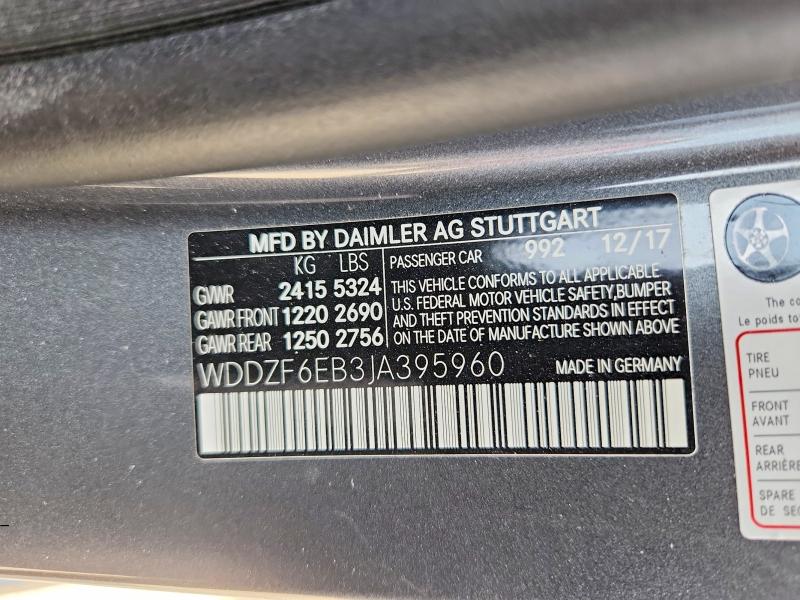 63747106 :رقم المزاد ، WDDZF6EB3JA395960 vin ، 2018 Mercedes-benz E مزاد بيع