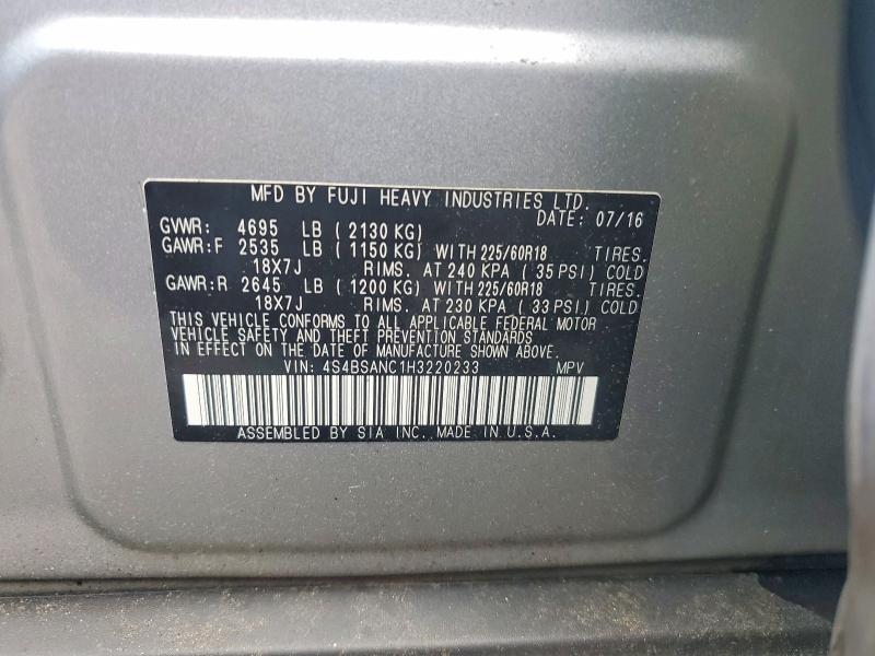 Продаж на аукціоні авто 2017 Subaru Outback, vin: 4S4BSANC1H3220233, номер лоту: 64507126