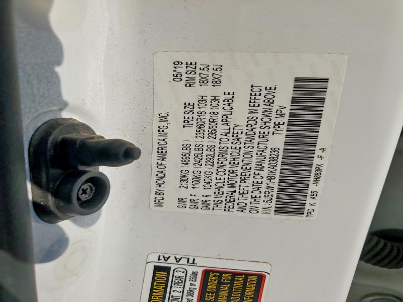 63548116 :رقم المزاد ، 5J6RW1H81KA038236 vin ، 2019 Honda Cr-v مزاد بيع