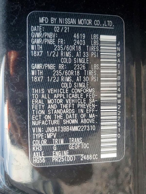 2021 Nissan Rogue მანქანა იყიდება აუქციონზე, vin: JN8AT3BB4MW227310, აუქციონის ნომერი: 65133776