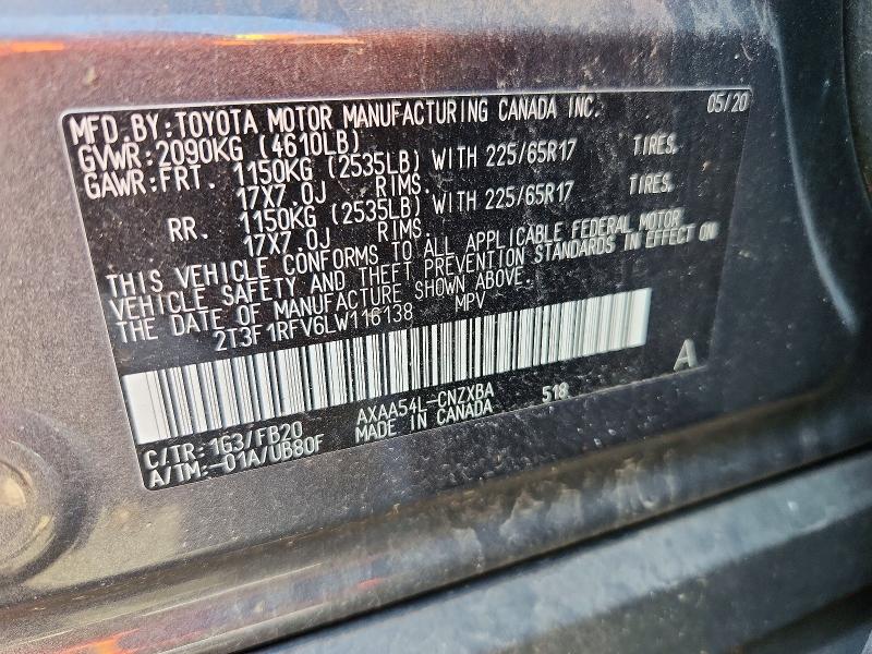 2020 Toyota Rav4 მანქანა იყიდება აუქციონზე, vin: 2T3F1RFV6LW116138, აუქციონის ნომერი: 65523146