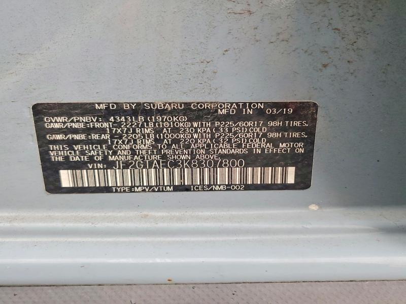 Aukcja sprzedaży 2019 Subaru Crosstrek, vin: JF2GTAEC3K8307800, numer aukcji: 66169486