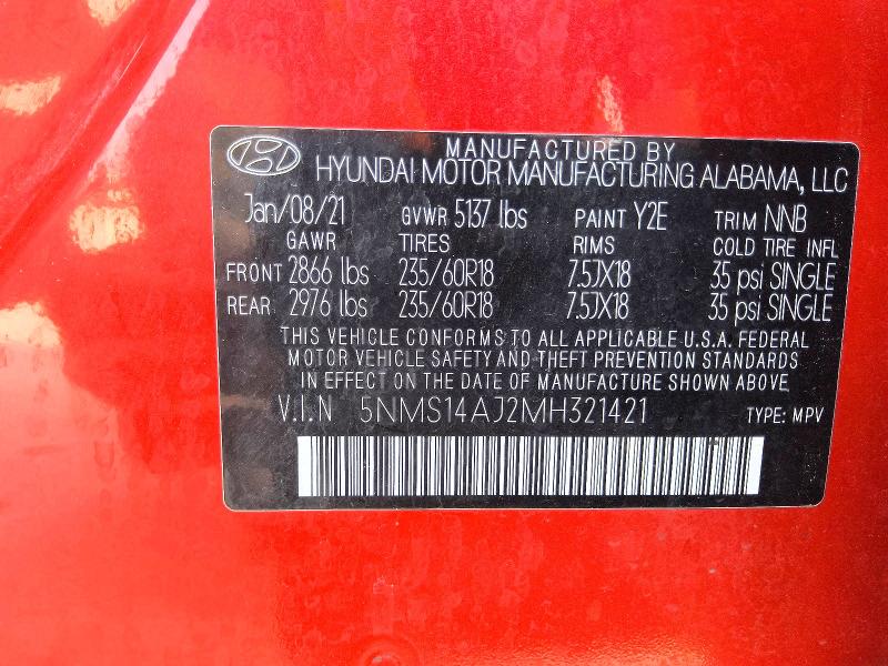 65926946 :رقم المزاد ، 5NMS14AJ2MH321421 vin ، 2021 Hyundai Santa Fe مزاد بيع