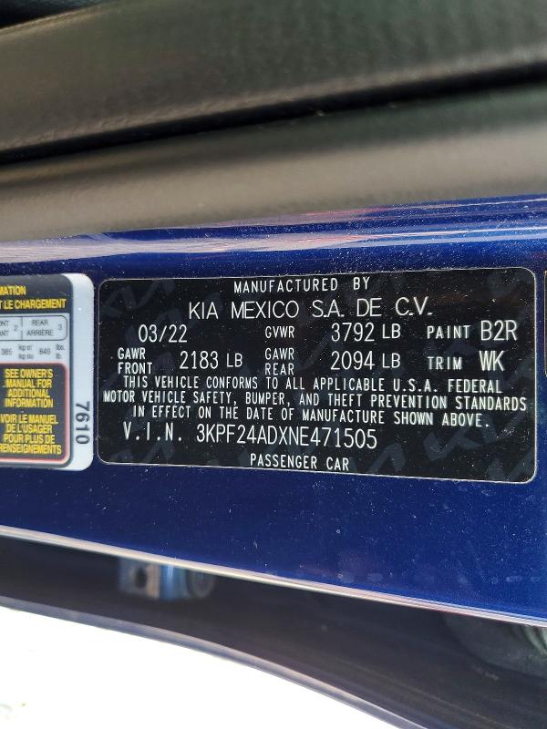 64946166 :رقم المزاد ، 3KPF24ADXNE471505 vin ، 2022 Kia Forte مزاد بيع