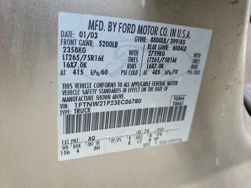 2003 Ford F250 მანქანა იყიდება აუქციონზე, vin: 1FTNW21P23EC06780, აუქციონის ნომერი: 64021336