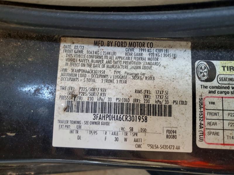 2012 Ford Fusion მანქანა იყიდება აუქციონზე, vin: 3FAHP0HA6CR301958, აუქციონის ნომერი: 64518066
