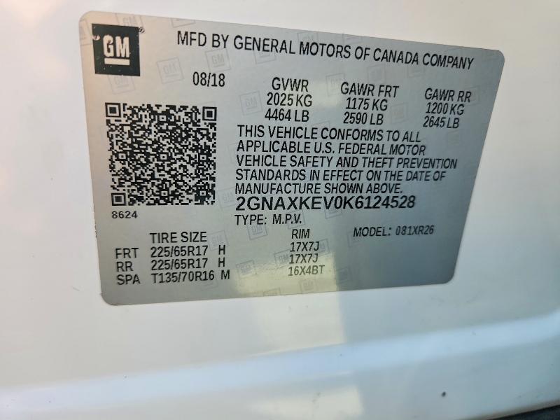 Aukcja sprzedaży 2019 Chevrolet Equinox, vin: 2GNAXKEV0K6124528, numer aukcji: 66100496