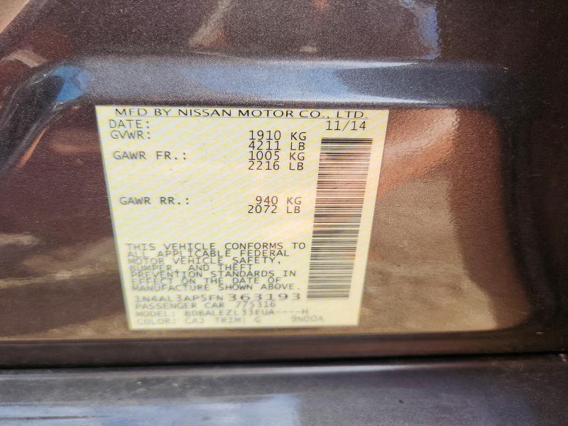 Продажа на аукционе авто 2015 Nissan Altima, vin: 1N4AL3AP5FN363193, номер лота: 65705586