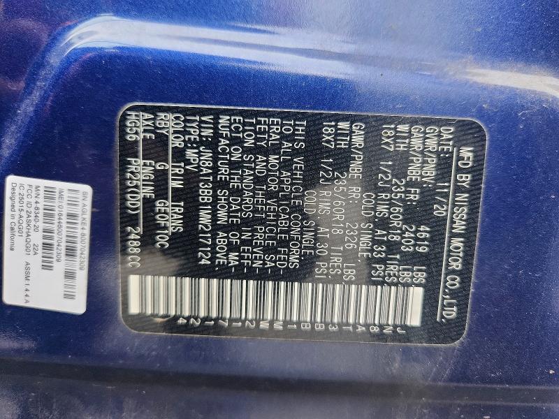 2021 Nissan Rogue მანქანა იყიდება აუქციონზე, vin: JN8AT3BB1MW217124, აუქციონის ნომერი: 63035906