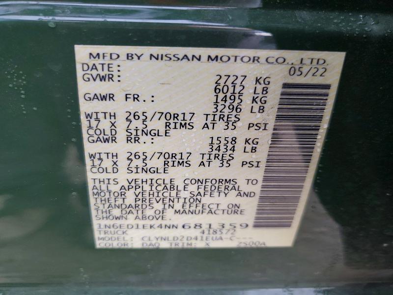 2022 Nissan Frontier მანქანა იყიდება აუქციონზე, vin: 1N6ED1EK4NN681359, აუქციონის ნომერი: 66178616