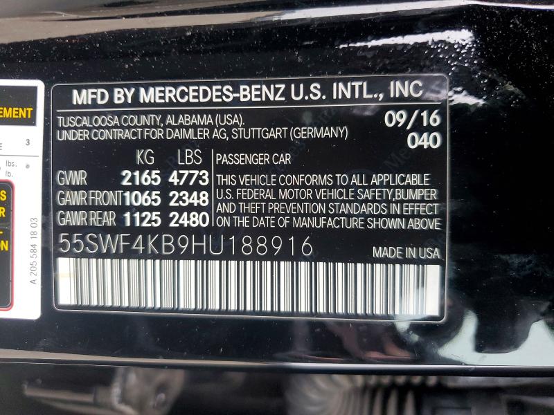 2017 Mercedes-benz C მანქანა იყიდება აუქციონზე, vin: 55SWF4KB9HU188916, აუქციონის ნომერი: 65479696