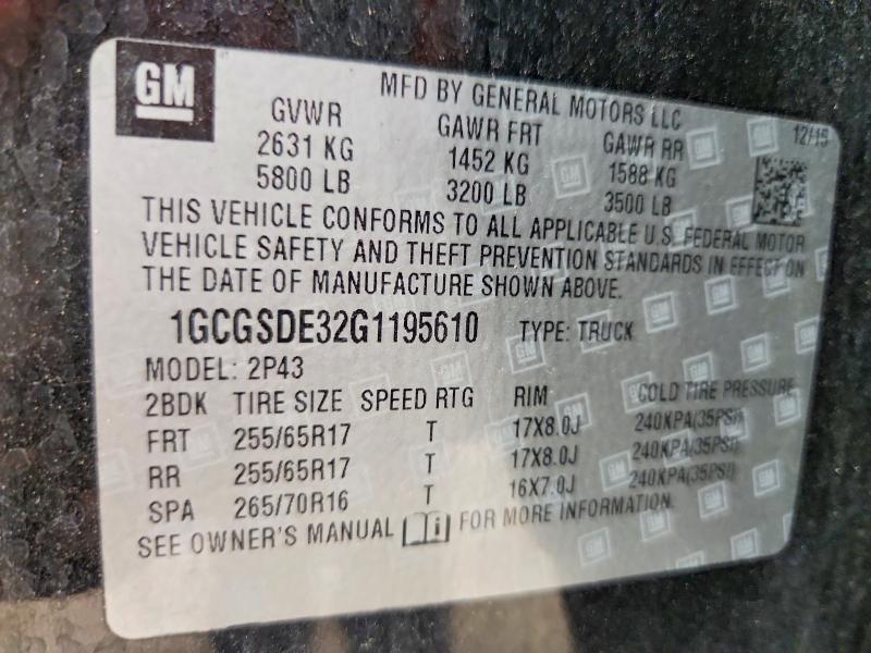 63777256 :رقم المزاد ، 1GCGSDE32G1195610 vin ، 2016 Chevrolet Colorado مزاد بيع