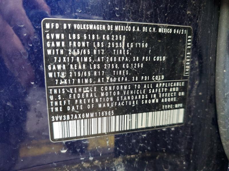 Продажа на аукционе авто 2021 Volkswagen Tiguan, vin: 3VV3B7AX6MM116965, номер лота: 64003076