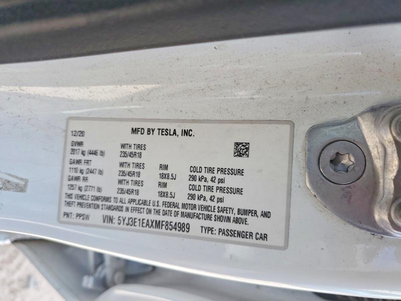 Aukcja sprzedaży 2021 Tesla Model 3, vin: 5YJ3E1EAXMF854989, numer aukcji: 65024036