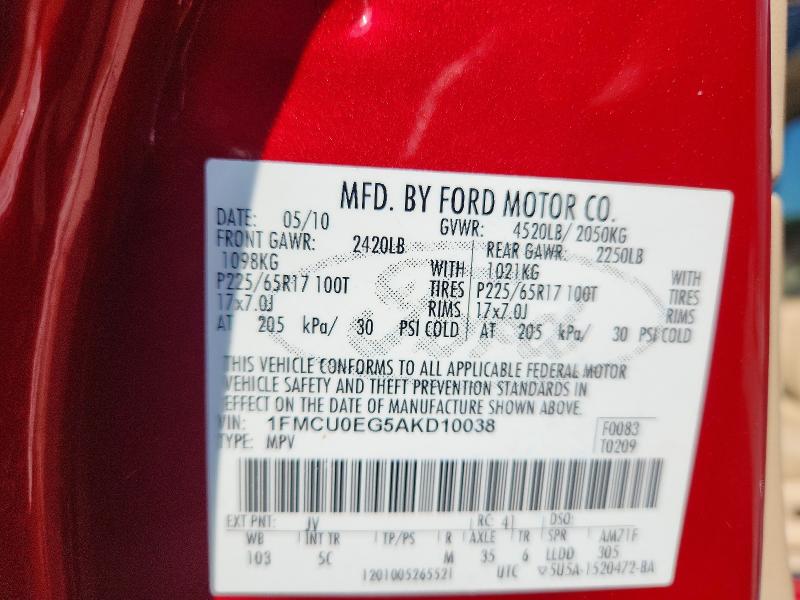 63711336 :رقم المزاد ، 1FMCU0EG5AKD10038 vin ، 2010 Ford Escape مزاد بيع