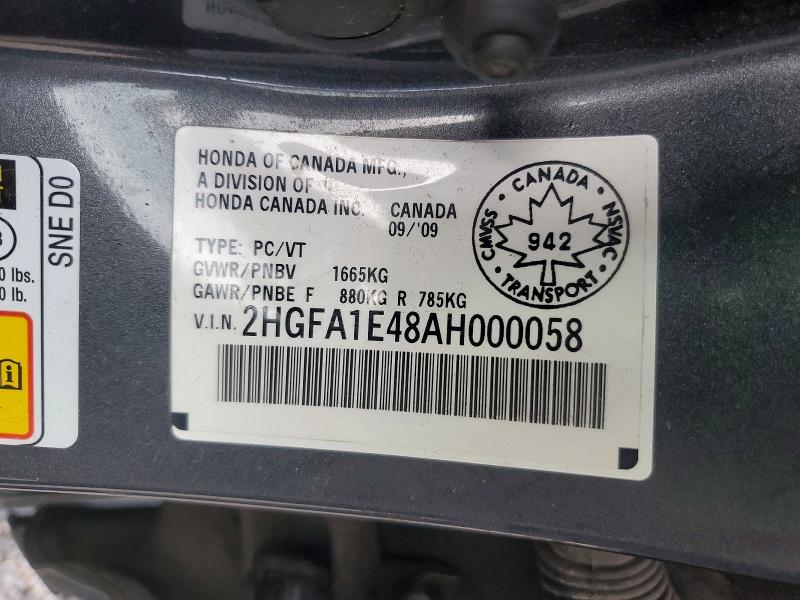66043696 :رقم المزاد ، 2HGFA1E48AH000058 vin ، 2010 Honda Civic مزاد بيع