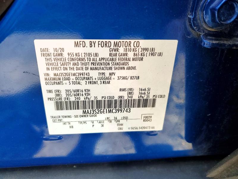 Aukcja sprzedaży 2021 Ford Ecosport, vin: MAJ3S2GE1MC399743, numer aukcji: 64313546