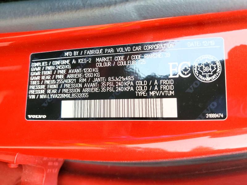Aukcja sprzedaży 2020 Volvo Xc60, vin: LYVA22RMXLB532055, numer aukcji: 62850686