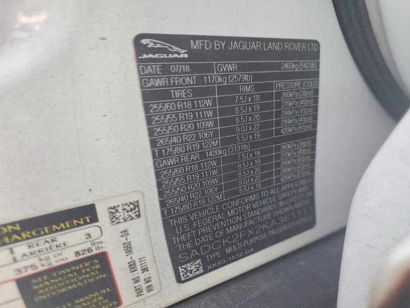 Продаж на аукціоні авто 2019 Jaguar F-pace, vin: SADCK2FX2KA361111, номер лоту: 64152456