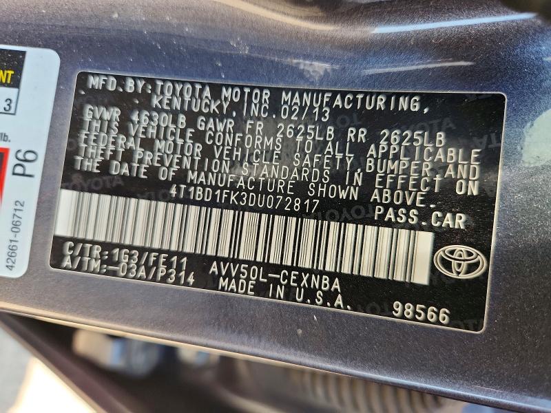 Продаж на аукціоні авто 2013 Toyota Camry Hybrid, vin: 4T1BD1FK3DU072817, номер лоту: 64146566