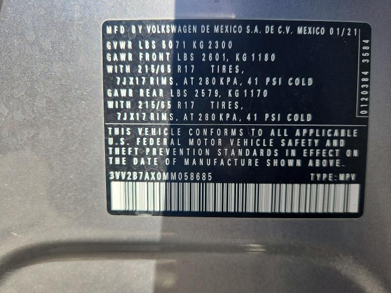 2021 Volkswagen Tiguan მანქანა იყიდება აუქციონზე, vin: 3VV2B7AX0MM058685, აუქციონის ნომერი: 66241036