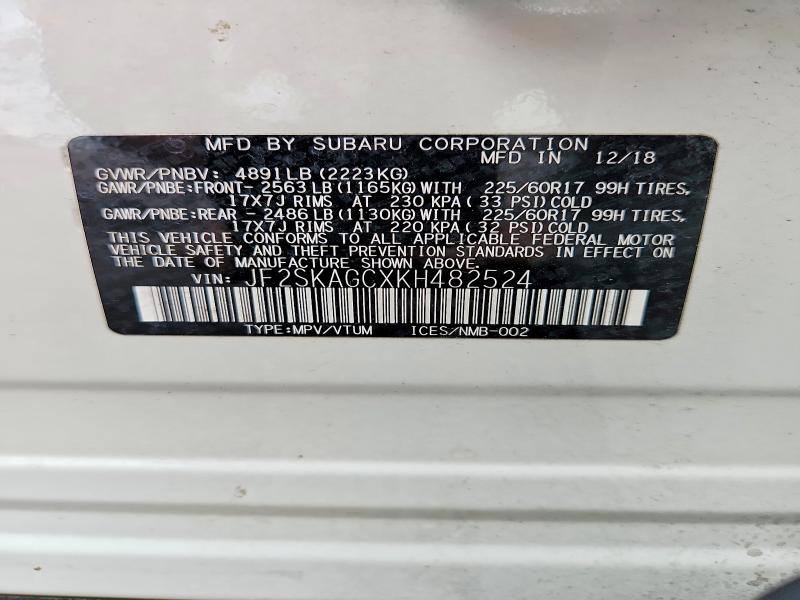 Aukcja sprzedaży 2019 Subaru Forester, vin: JF2SKAGCXKH482524, numer aukcji: 63800046