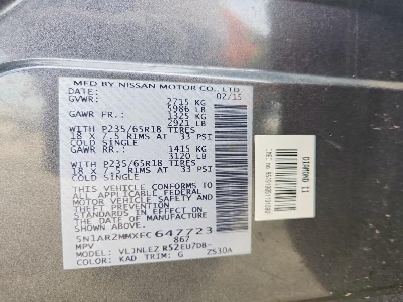 Продаж на аукціоні авто 2015 Nissan Pathfinder, vin: 5N1AR2MMXFC647723, номер лоту: 63927846