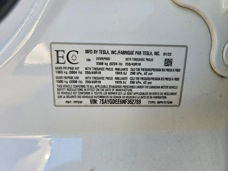 Продажа на аукционе авто 2022 Tesla Model Y, vin: 7SAYGDEE6NF362789, номер лота: 64609706