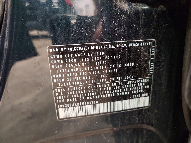 2018 Volkswagen Tiguan მანქანა იყიდება აუქციონზე, vin: 3VV2B7AX8JM192923, აუქციონის ნომერი: 65714456