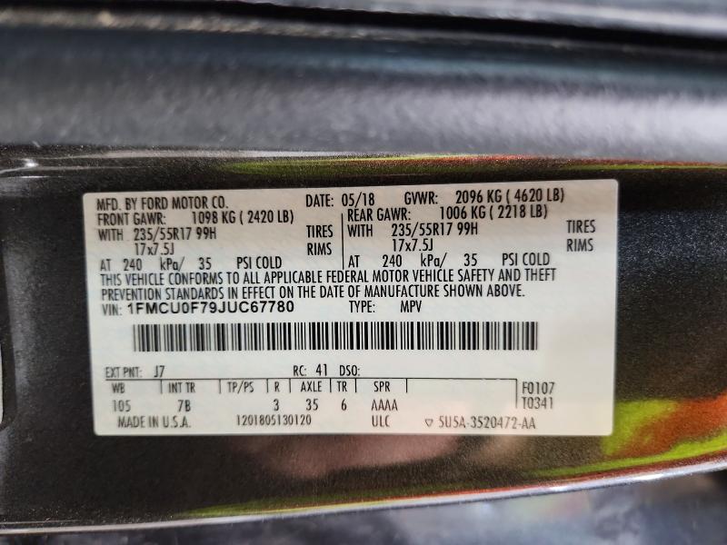 66386316 :رقم المزاد ، 1FMCU0F79JUC67780 vin ، 2018 Ford Escape مزاد بيع
