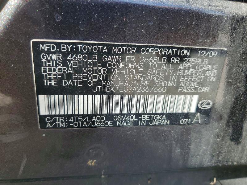 Продаж на аукціоні авто 2010 Lexus Es, vin: JTHBK1EG7A2367660, номер лоту: 65561966