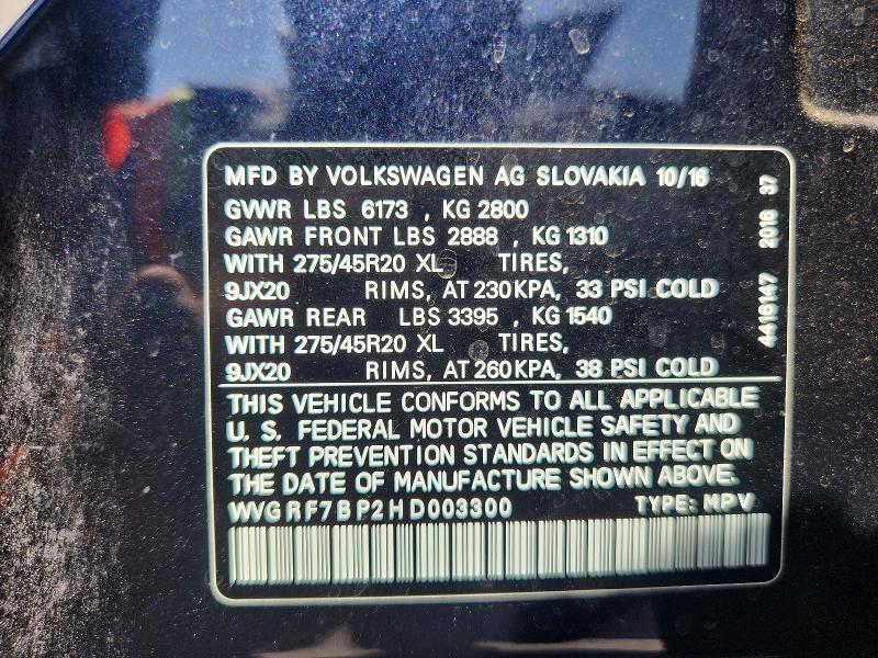 Aukcja sprzedaży 2017 Volkswagen Touareg, vin: WVGRF7BP2HD003300, numer aukcji: 65516946