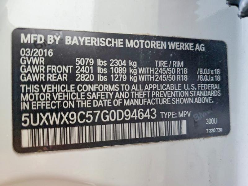 Продаж на аукціоні авто 2016 Bmw X3, vin: 5UXWX9C57G0D94643, номер лоту: 64635356
