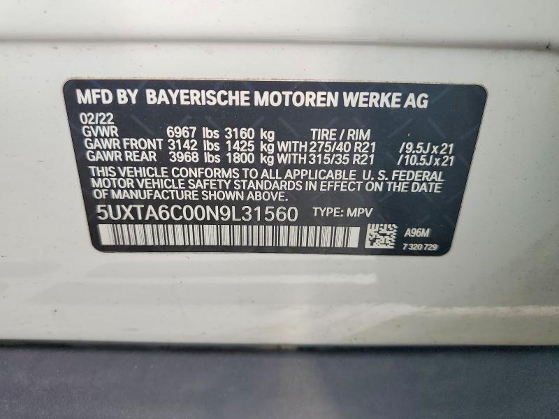 64153666 :رقم المزاد ، 5UXTA6C00N9L31560 vin ، 2022 Bmw X5 مزاد بيع